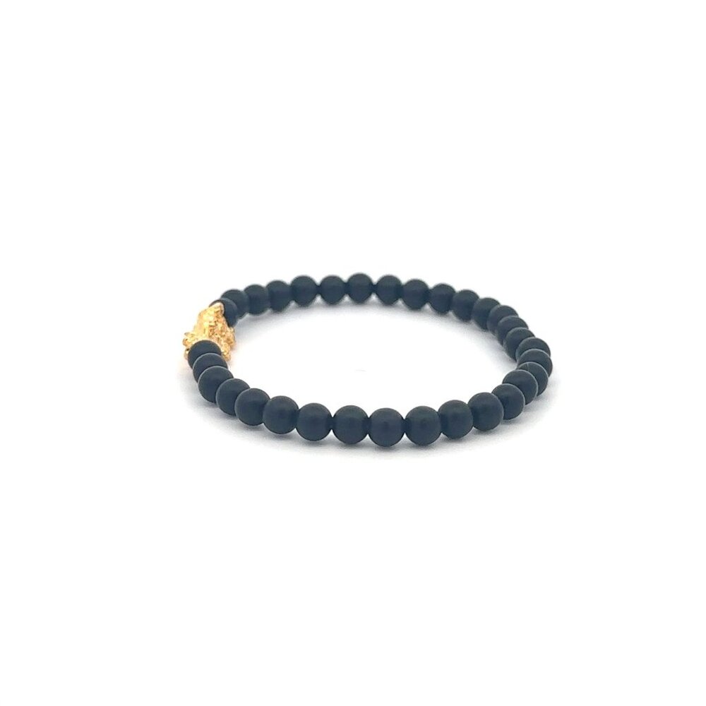 18K Gold Pixiu Piyao Bracelet Mini Gemstones Matte Onyx 4mm Elastic Bracelet - Picture 3 of 6